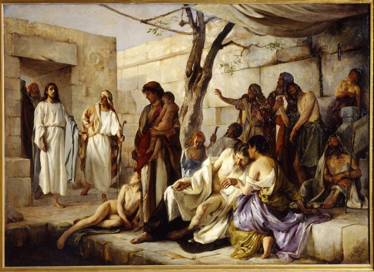 Ihme Bethesdan altaalla. Beth Zetasta (Israel) Jerusalemiin johtavan tien varrella sijaitseva Jeesus Kristus lähestyy altaaa, jossa halvaantuneet kokoontuvat ja parantaa ihmeen avulla sairaan. Maalaus Jan tekijältä Jan Franzevich Cloginsky