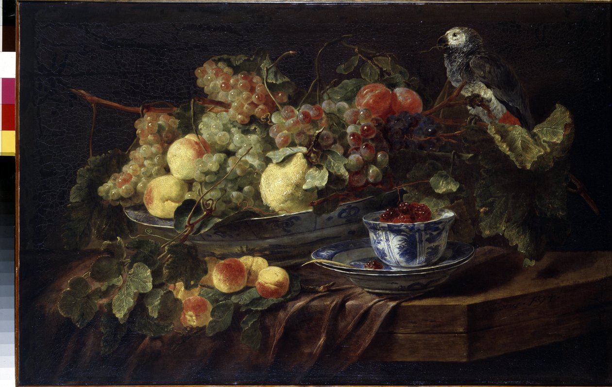 ""Asetelma hedelmillä ja papukaijoilla"" (Asetelma hedelmillä ja papukaijalla) Jan (Johannes) Fyt (1611-1661) maalaus 1645 Koko 58,3x90,7 cm Eremitaaši, Pietari tekijältä Jan Fyt