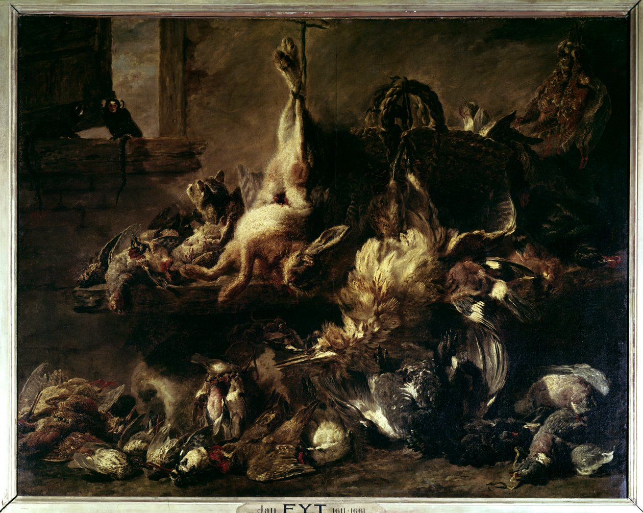 Riistan leviäminen vartijassa syömässä kissan ja kahden apinan kanssa Jan Fytin (1611-1661) maalaus (ec.flam.) 1600-luvun su. 0,86 x 1,76 m Pariisi, musee du Louvre tekijältä Jan Fyt