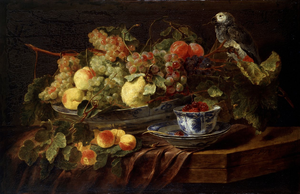 Asetelma hedelmän ja papukaijan kanssa, 1645. tekijältä Jan Fyt