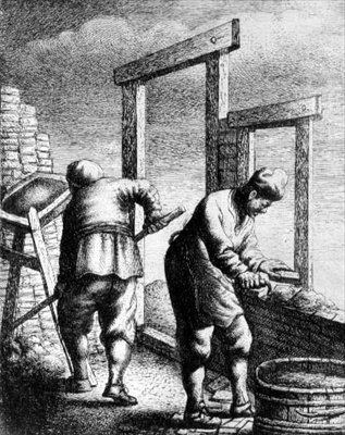 Muurarit, ammatteja ja ammatteja kuvaavasta sarjasta, n. 1635 (etsaus) tekijältä Jan Georg van Vliet