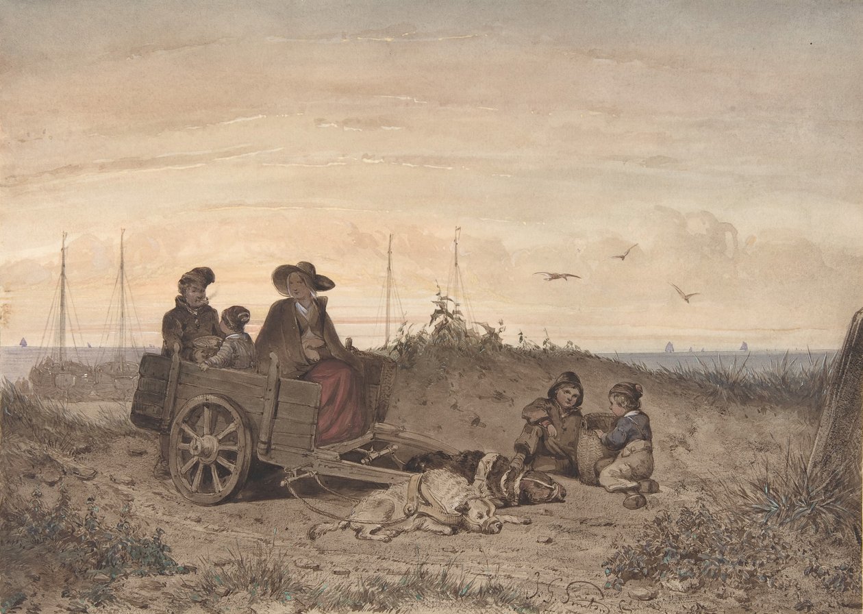 Kalastajan perhe rannalla, äiti ja yksi lapsista istuvat kärryissä, 1855. tekijältä Jan Gerard Smits
