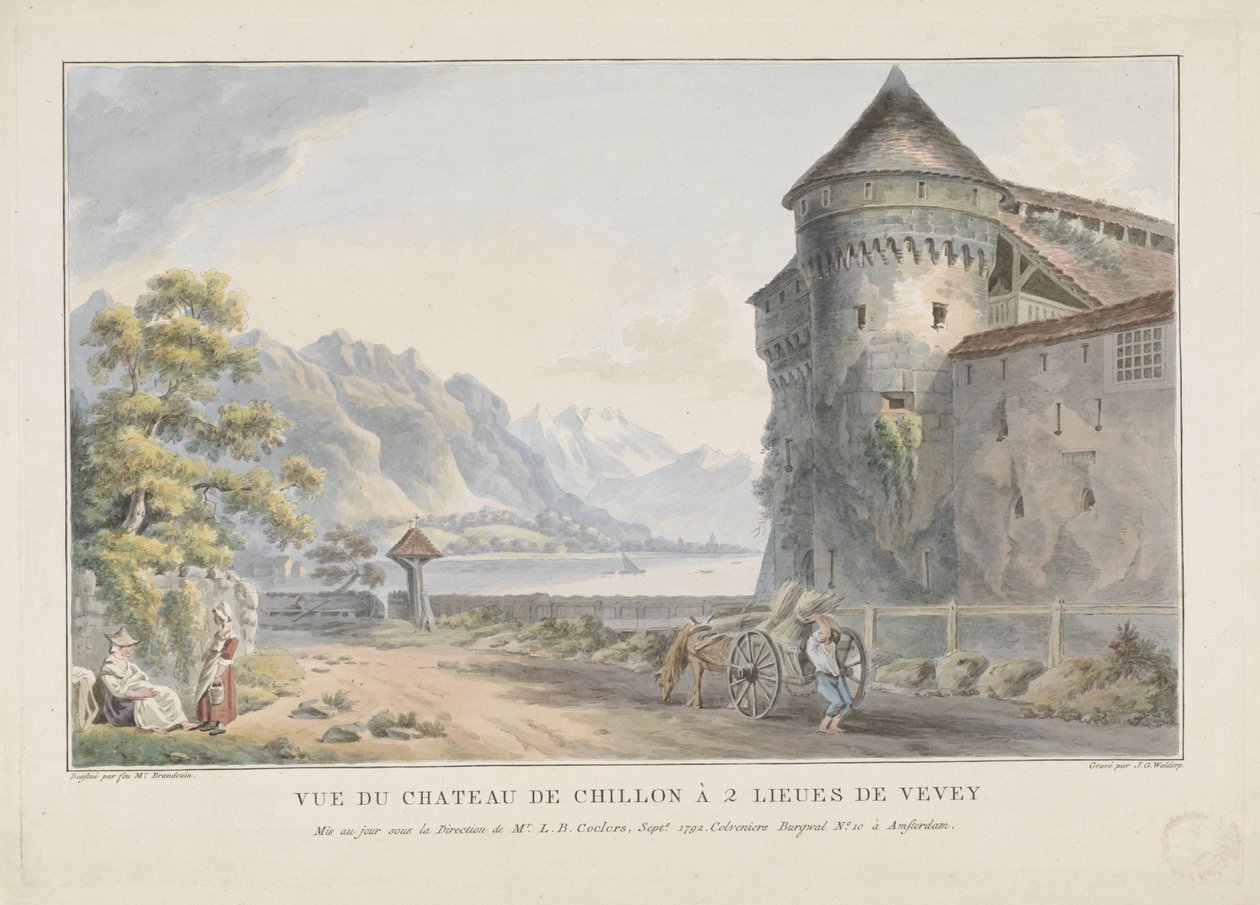 Näkymä Chillon kasteelin linnalle Vue du Chateau de Chillon à 2 lieues de Vevey (otsikko esineessä) tekijältä Jan Gerard Waldorp