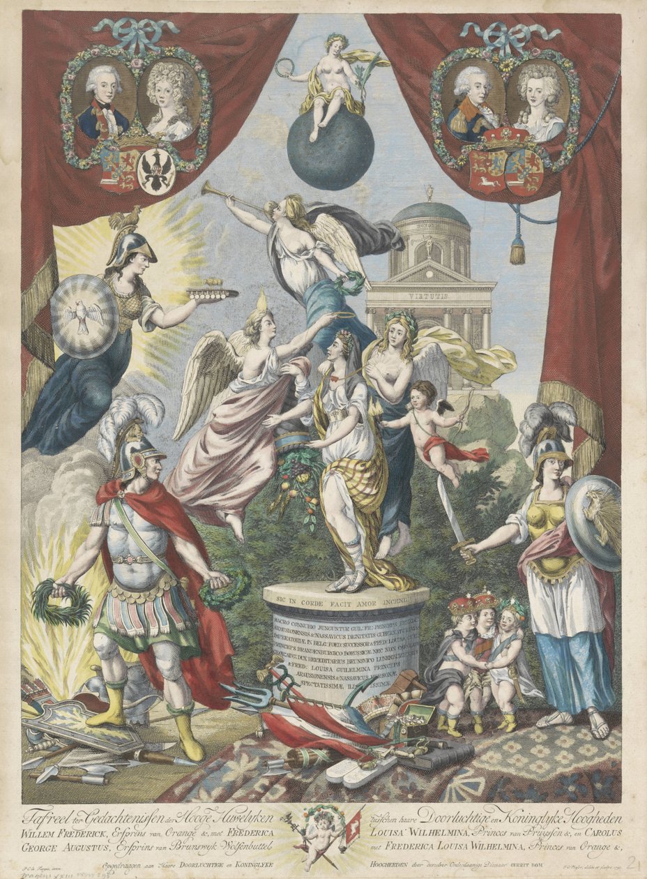 Lause William V:n pojan ja tyttären avioliitoista 1790-1791 Tafreel muistossa korkeista avioliitoista (...) Willem Frederickin, perinnöllisen Orangen prinssin ja Frederica Louisa Wilhelminan, prinssit van Pruyssenin ja Carolus George Augin kanssa tekijältä Jan Gerritsz. Visser