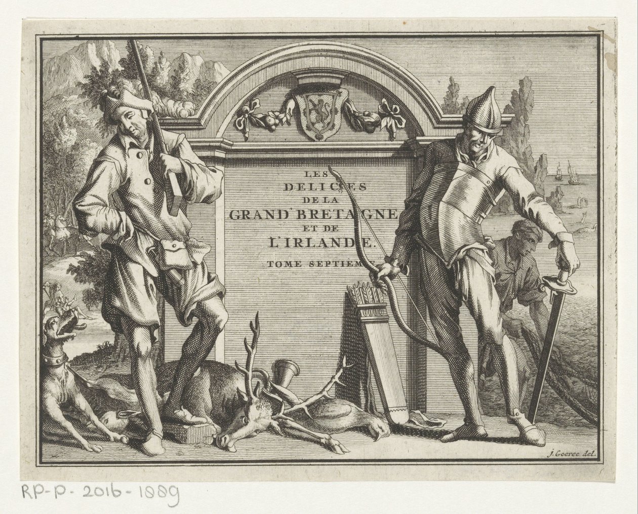 Twee jagers arkkitehtoniseen ympäristöön Otsikko voor: James Beeverell, Ison-Britannian ja Irlannin ilot, Seitsemäs osa, 1707 tekijältä Jan Goeree (possibly)