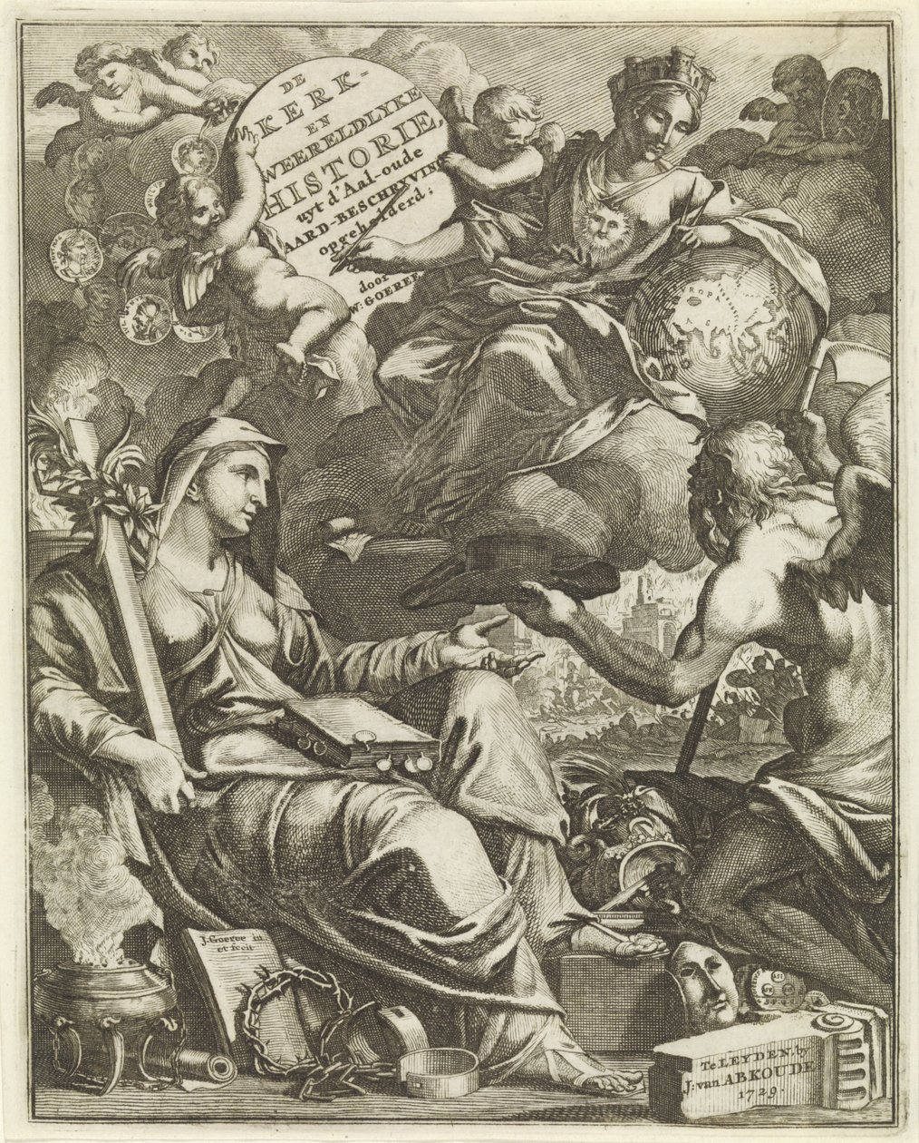 Kirkon ja maailmanhistorian allegoria Nimisivu Willem Goereelle, De kerklyke en Weereldlyke historien. 1729 Kirkko ja maailmanhistoria uyt d
