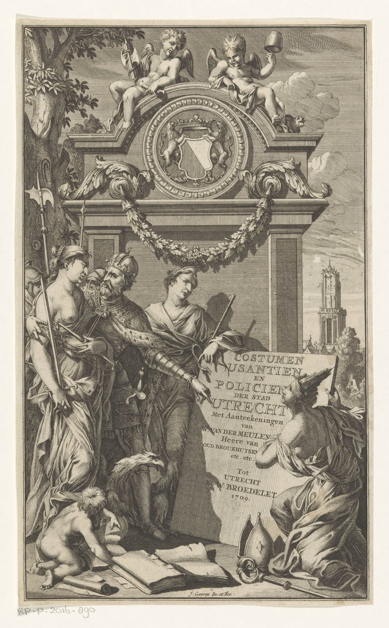 Oikeus opettaa Utrechtin lakeja Puku Usantien ja Utrechtin kaupungin poliisi (nimi esineessä) Nimisivu teokselle Willem Van der Meulen, Costumen, usantien, policien ende style van literen, der Stadt Utrecht, 1709 tekijältä Jan Goeree
