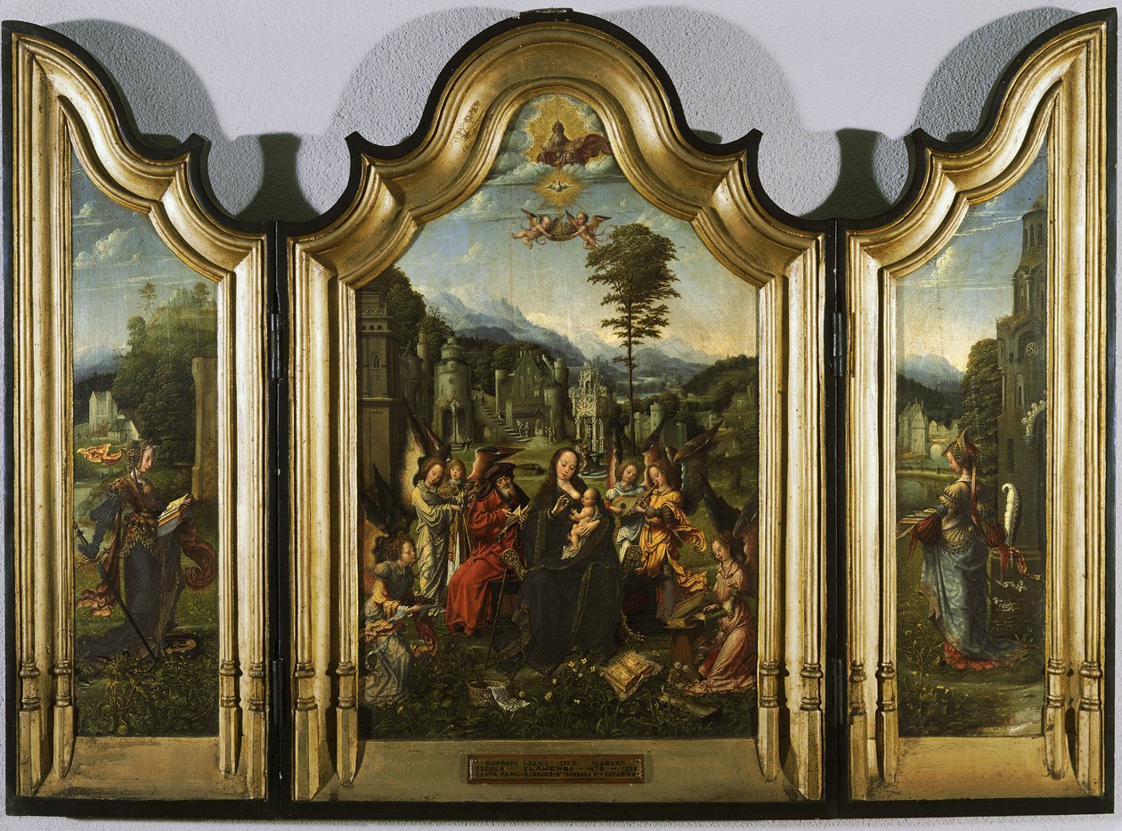 Pyhä perhe Pyhän Katariinan ja Pyhän Barbaran kanssa Triptyykki, n. 1505 tekijältä Jan Gossaert