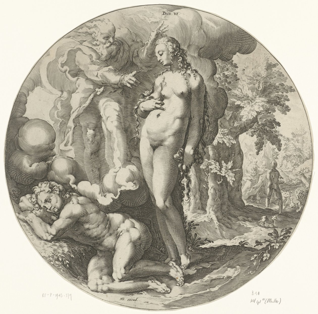 Kuudes luomispäivä: Ihmisen luominen Dies VI (otsikko esineessä) Creation of the World (sarjan nimi) tekijältä Jan Harmensz. Muller