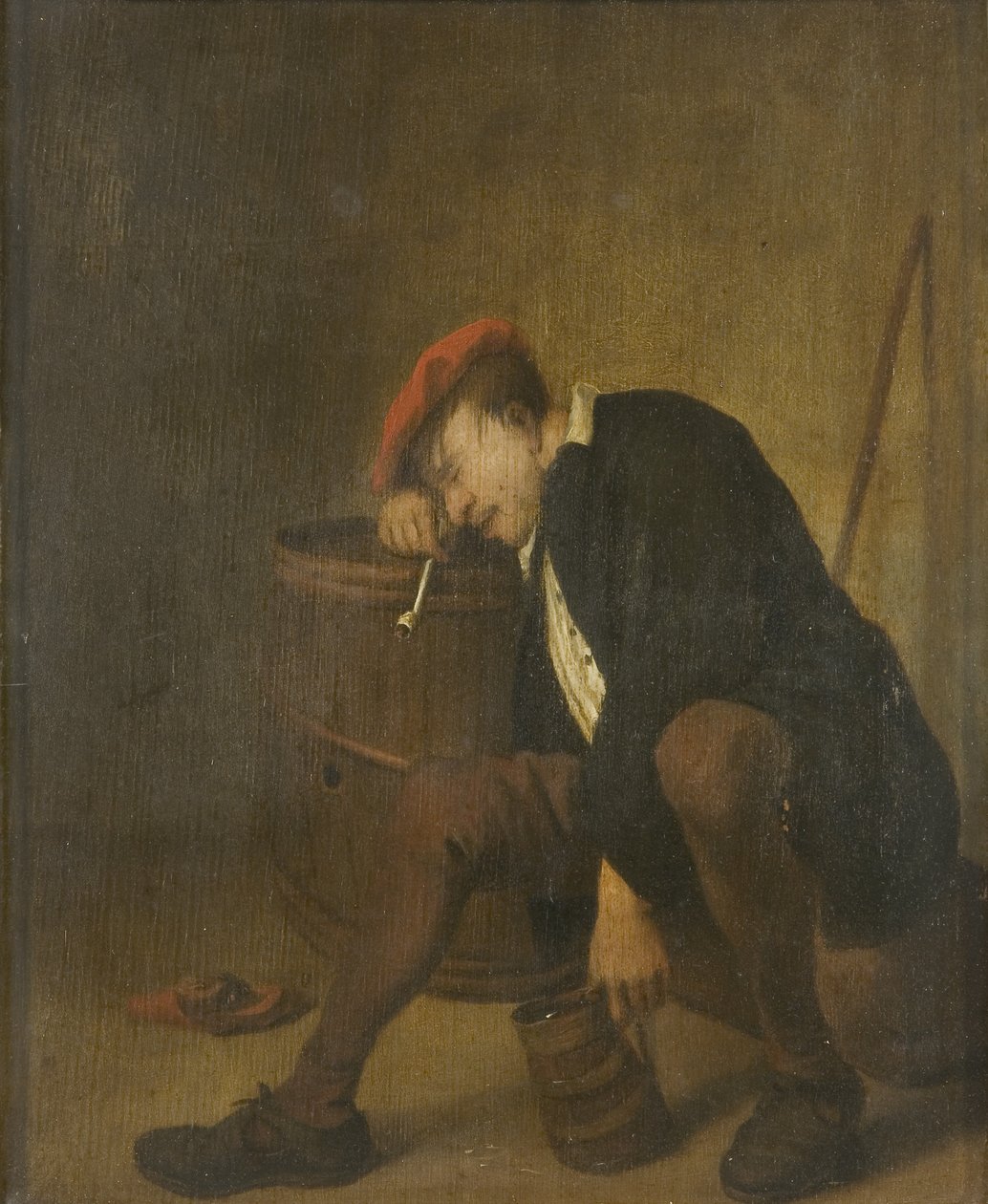 Mies nukkuu (öljy paneelissa) tekijältä Jan Havicksz (school of) Steen