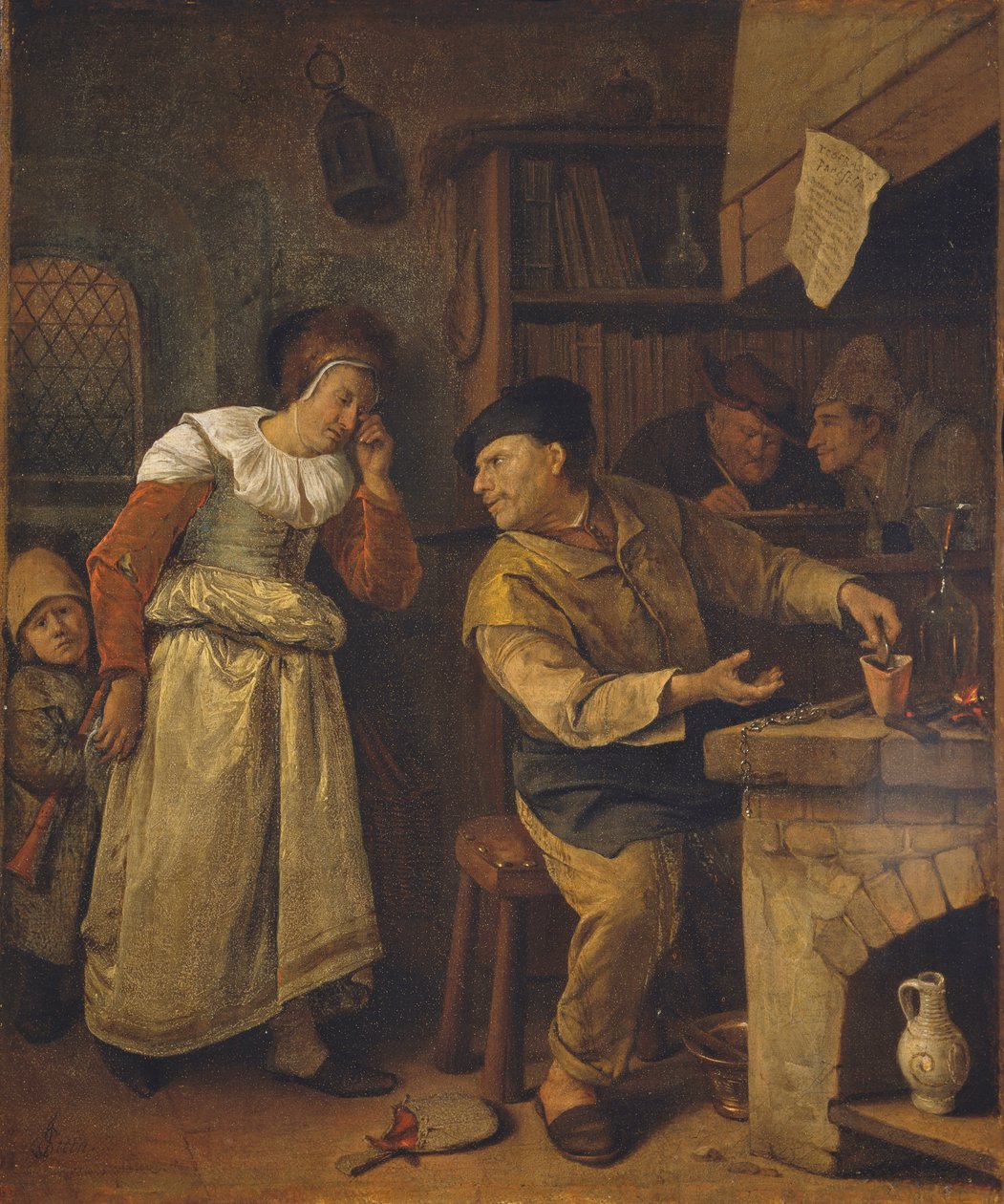 Kultaseppä sulattaa naisen koruja notaarin läsnäollessa: Alkemisti, n. 1668-70 (öljy kankaalle) tekijältä Jan Havicksz. Steen
