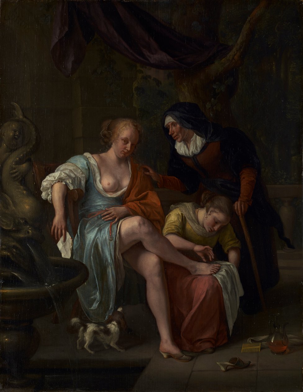 Bathsheba kylvyn jälkeen, noin 1670-5 (öljy paneelille). tekijältä Jan Havicksz. Steen