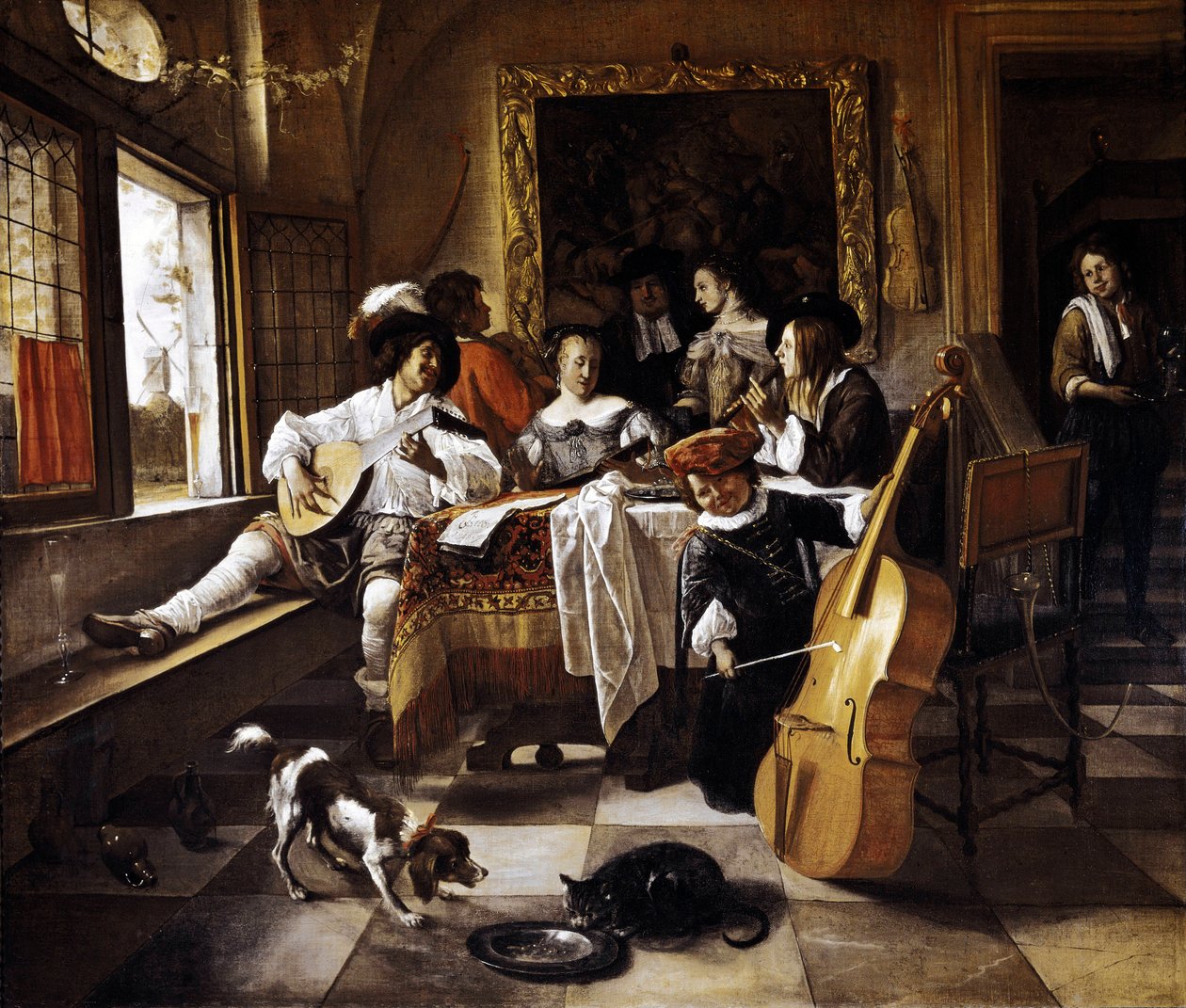 "" Perhekonsertti "" Kohtaus hollantilaisessa sisustuksessa. Jan Steenin (1626-1679) maalaus 1666 Chicago, Chicagon taideinstituutti tekijältä Jan Havicksz. Steen