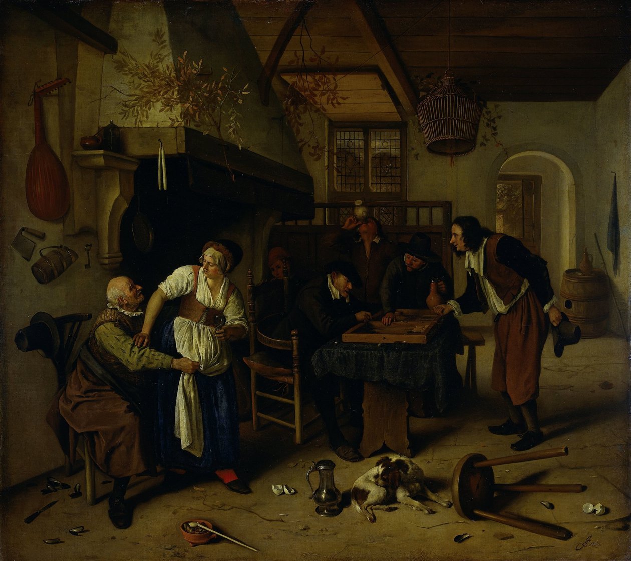 Majatalon sisäpiha, jossa vanha mies huvittaa itseään vuokraemäntä ja kaksi backgammonia pelaavaa miestä. tekijältä Jan Havicksz. Steen