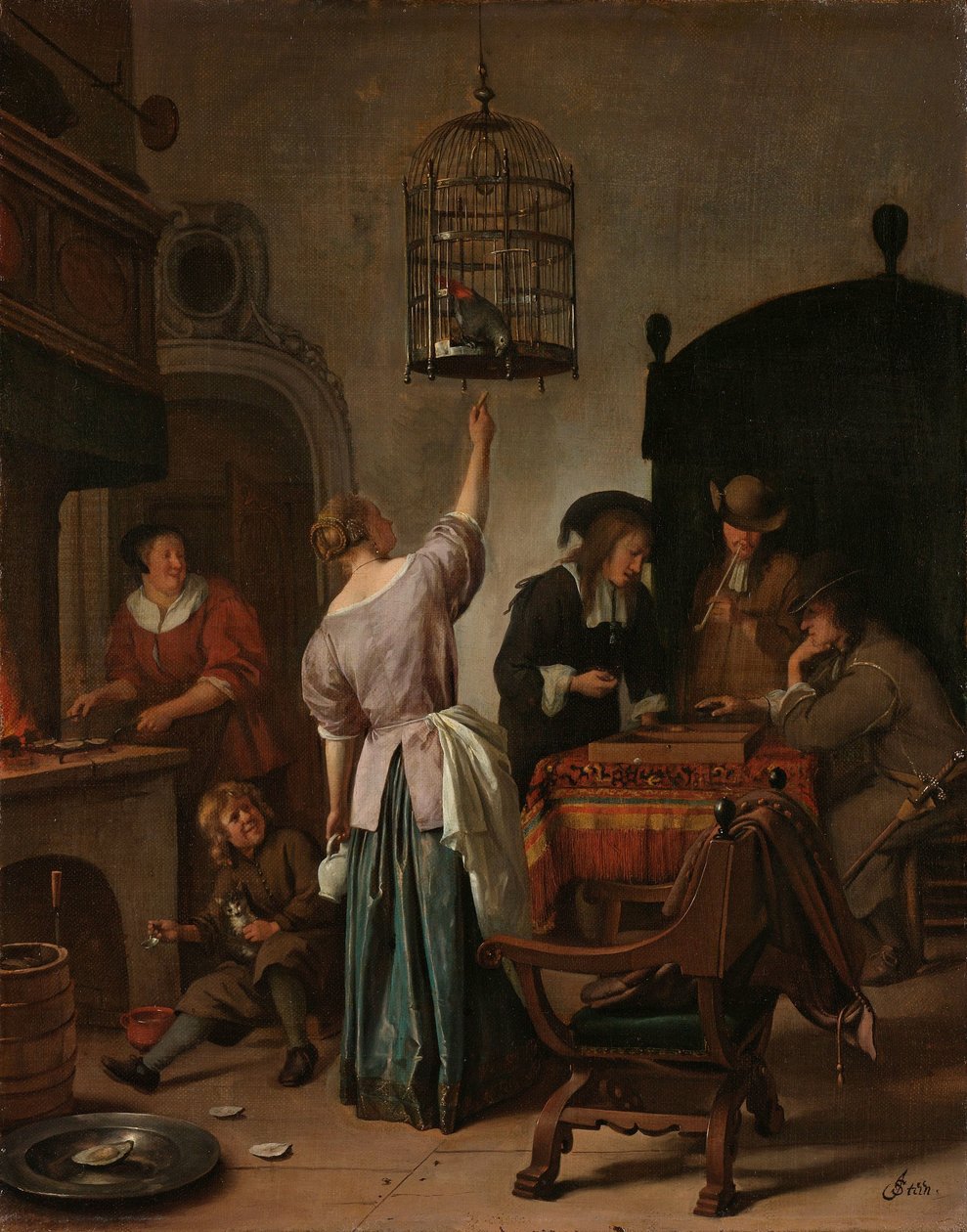Sisustus, jossa nainen ruokkii papukaijaa, joka tunnetaan nimellä "papaukaijahäkki" Sisustus, jossa nainen ruokkii papukaijaa tekijältä Jan Havicksz. Steen