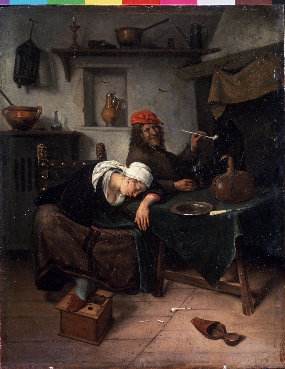 Joutilaat. Jan Havicksz Steenin (1626-1679) maalaus. Öljy puulle, 39 x 30 cm, noin 1660. Hollantilaista taidetta, barokkityyliä. Eremitaaši, Pietari. tekijältä Jan Havicksz. Steen
