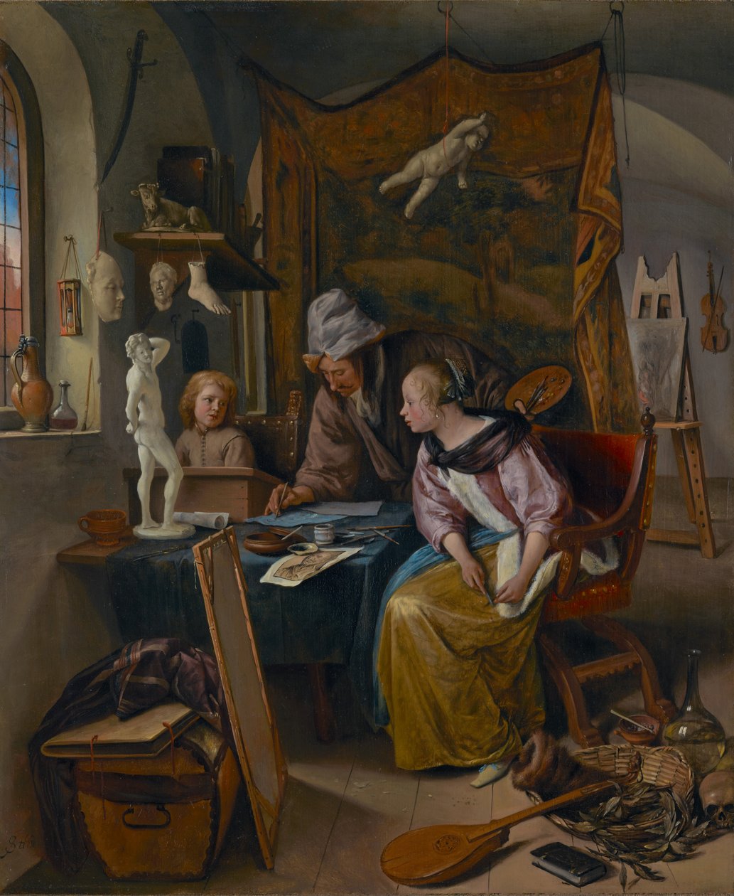 Piirustusoppitunti, n. 1665 (öljy paneelille) tekijältä Jan Havicksz. Steen