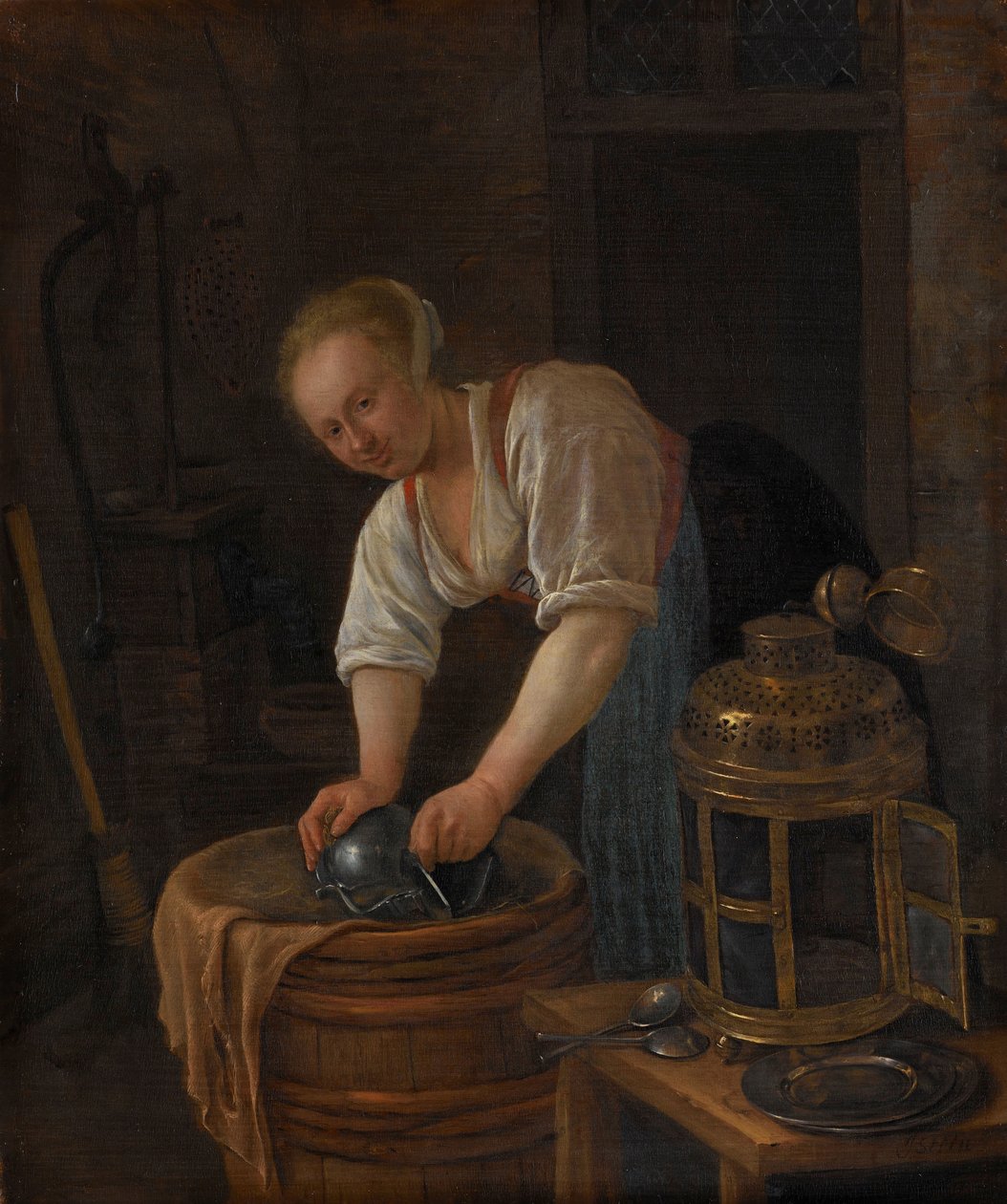 Nainen hankaamassa metalliesineitä tekijältä Jan Havicksz. Steen