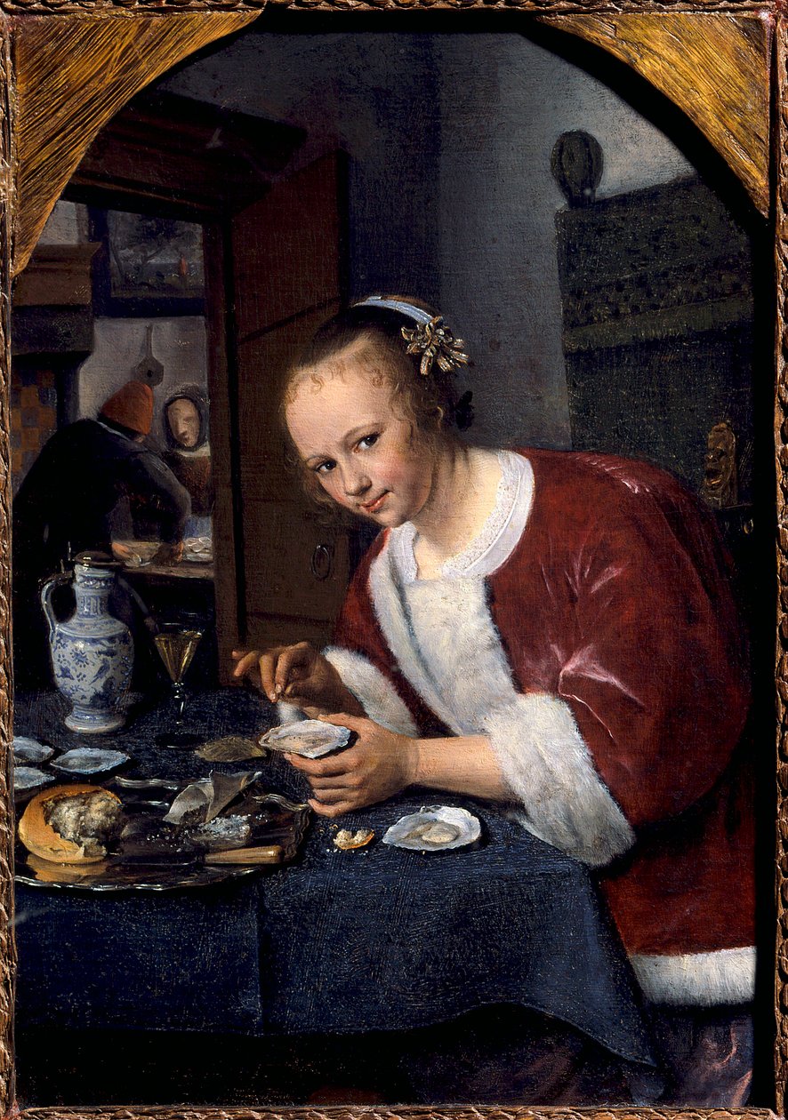 Nuori tyttö syö ostereita Jan Steenin maalaus (1626-1679) Sun. 0,14x0,2 m Haag. Mauritshuis tekijältä Jan Havicksz. Steen