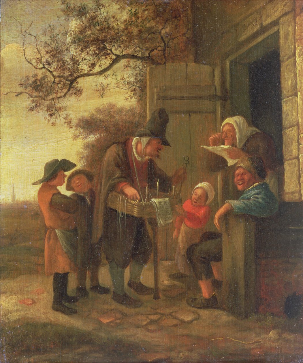 Pedlar myy silmälaseja mökin ulkopuolella, n. 1650-53 (paneeli) tekijältä Jan Havickszoon Steen
