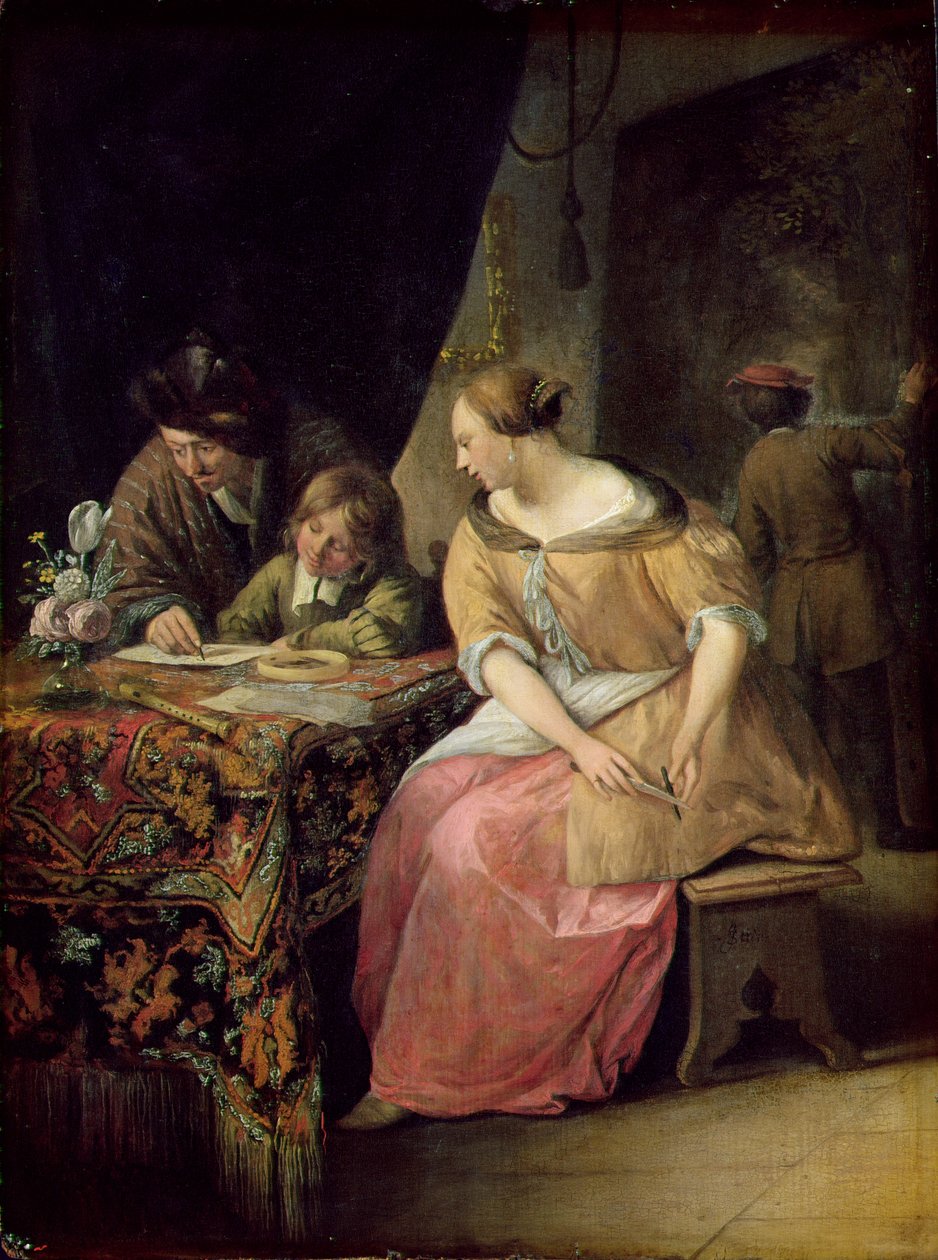 Sisustus maalarin ja hänen perheensä kanssa, n. 1670 (paneeli) tekijältä Jan Havickszoon Steen