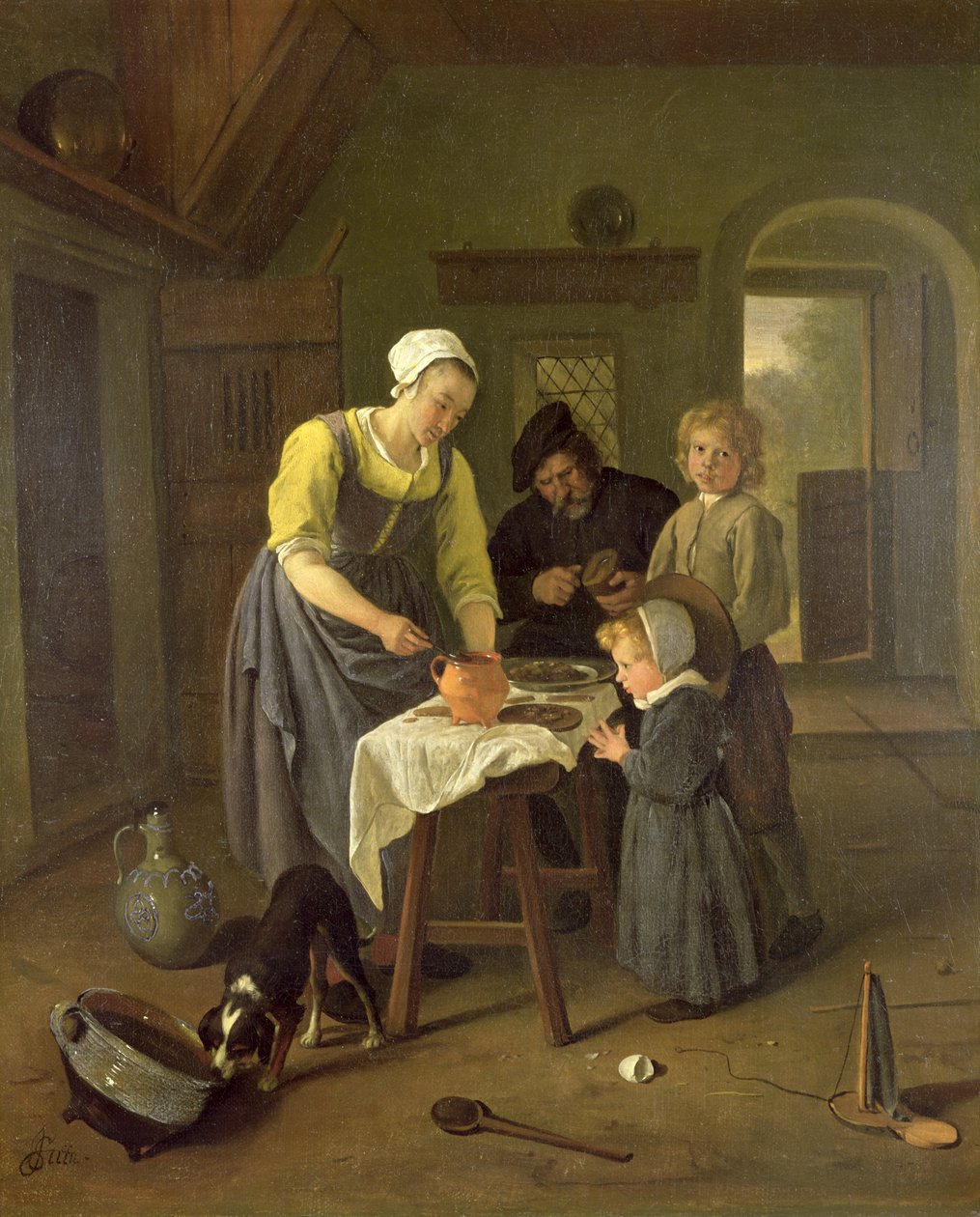 Talonpoikaperhe ruokailun aikana, n. 1665 tekijältä Jan Havickszoon Steen