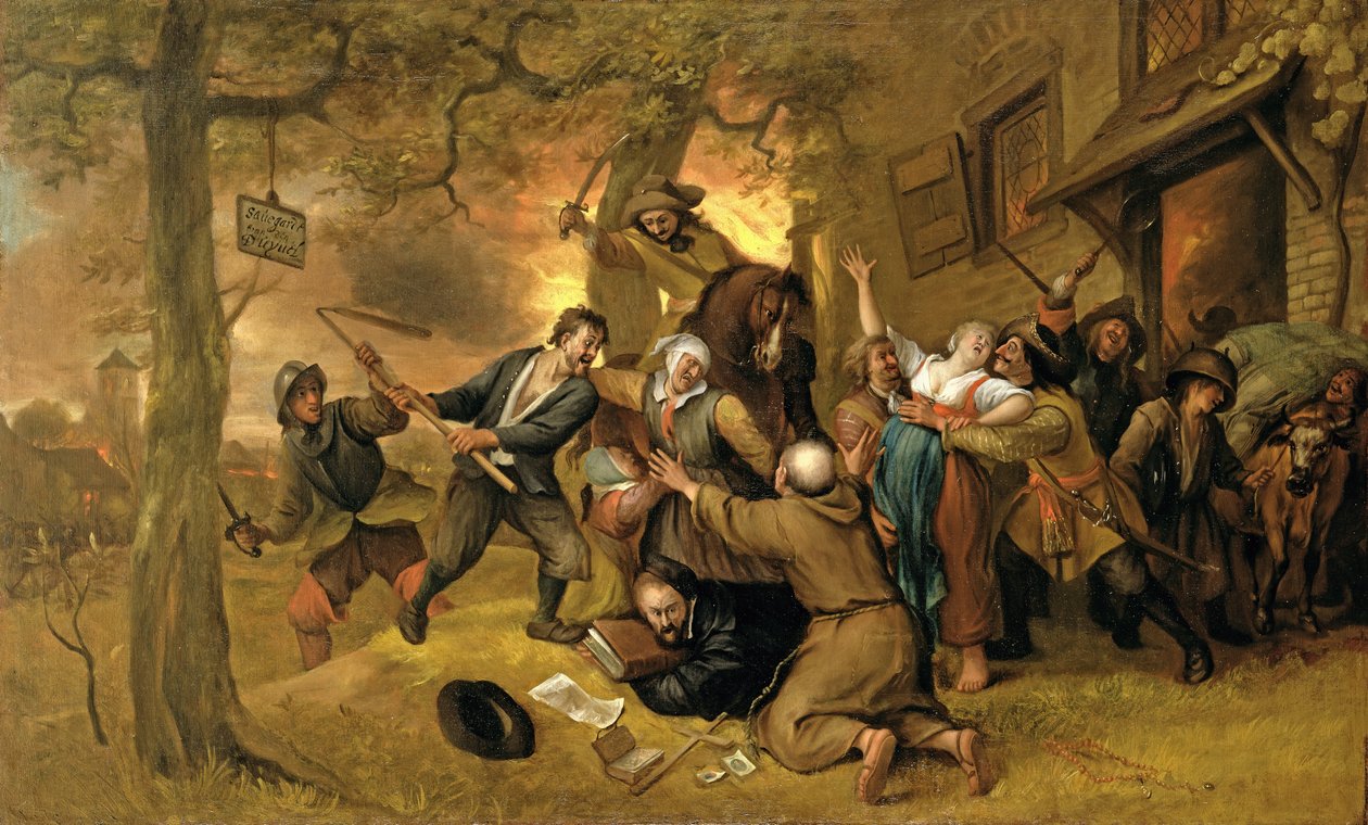 Talonpojat ja sotilaat tavernan ulkopuolella – vertaus Alankomaiden raiskauksesta tekijältä Jan Havickszoon Steen