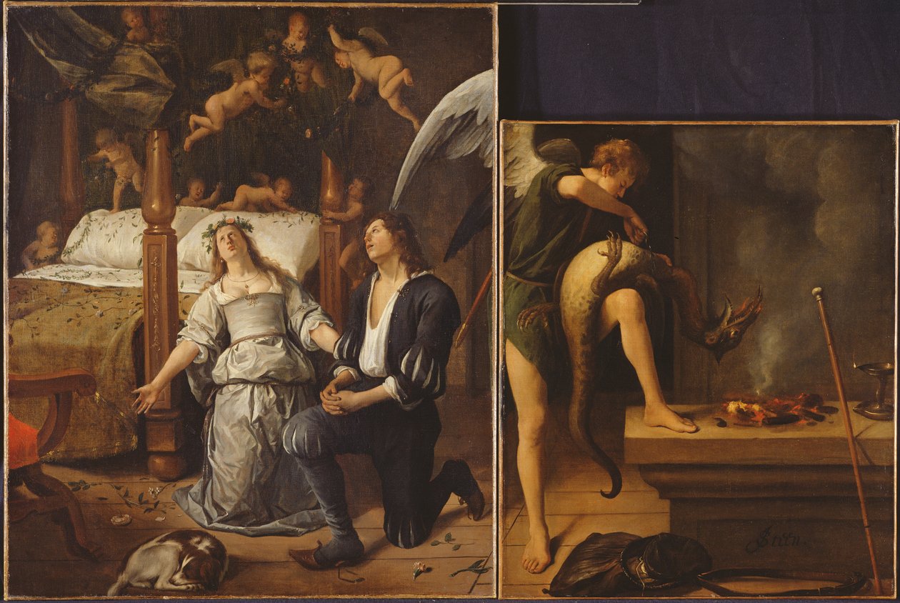 Tobias ja Saara sekä arkkienkeli Rafael, joka karkottaa demoni Asmodeusta, koottuna kahdesta erillisestä palasesta (palautettu versio, katso 85367) tekijältä Jan Havickszoon Steen