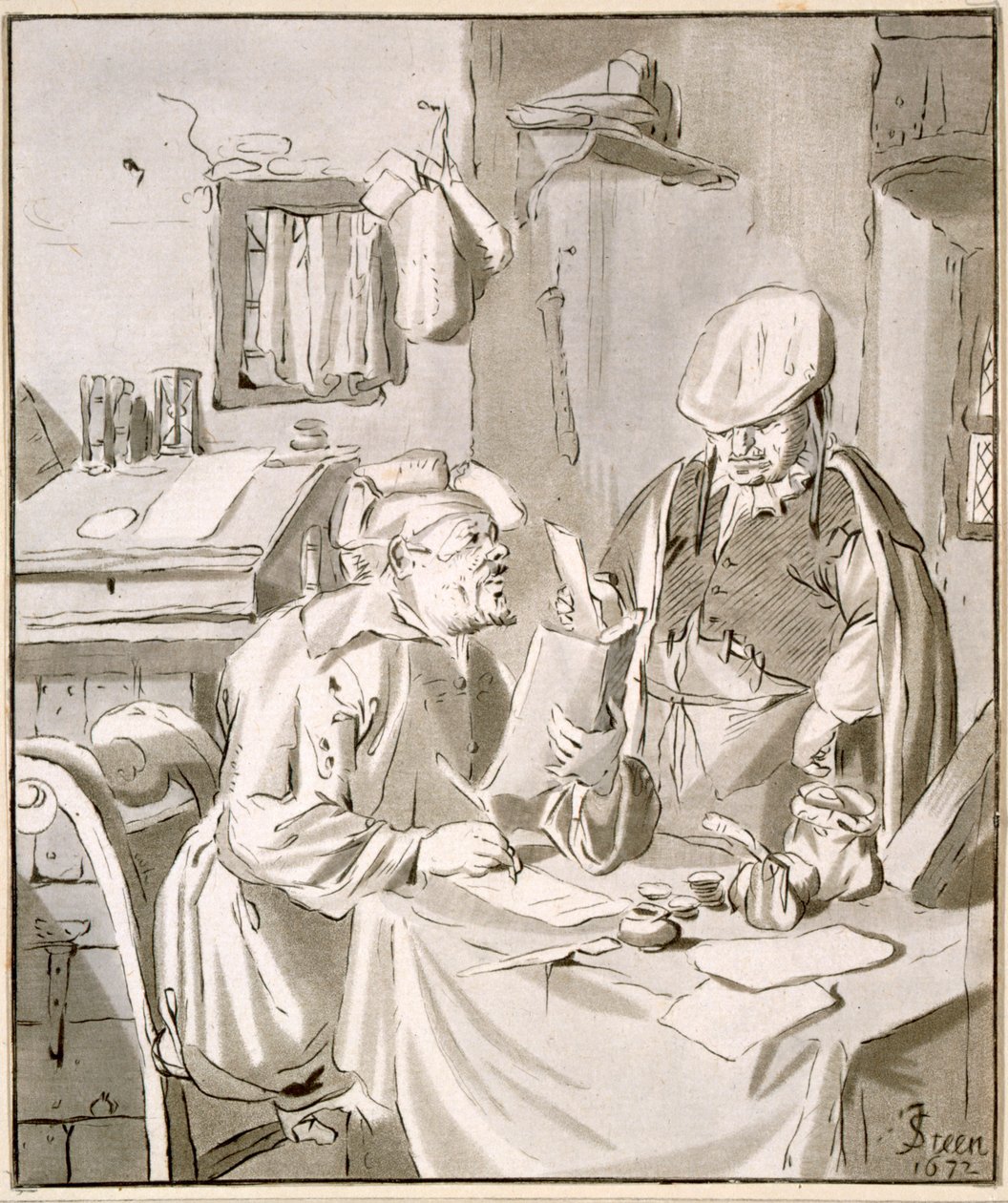 Kaksi miestä keskustelemassa rahasta toimistossa, 1672, kopioivat Cornelis Ploos van Amstel (1726-98) tai Christian Josi (n.1765-1828) tekijältä Jan Havickszoon Steen