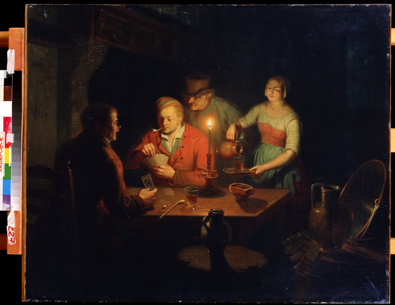 Korttipeli. Jan Hendrik van Grootveldin (1808-1855) maalaus. Öljy puulle, 70 x 93 cm, 1800-luvun hollantilaista taidetta. Kaukoidän museo, Habarovsk (Venäjä). tekijältä Jan Hendrick van Grootvelt
