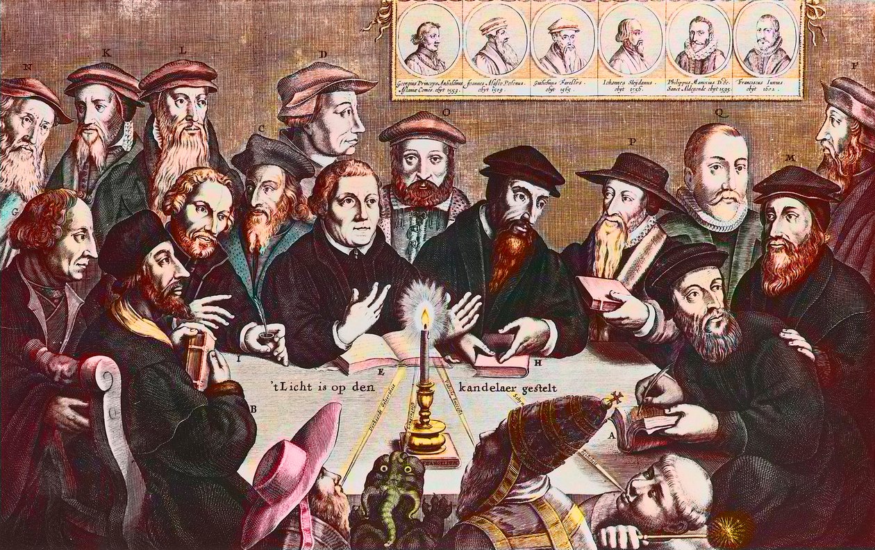 Valo asetetaan kynttilänjalkaan - Jan HOUWENSin kaiverrus, jossa näkyvät uskonpuhdistajat - John Calvin ja Martin Luther Reformistien johtajien kuvitteellinen kokous: John Wyclif (tai Wycliff tai Wycliffe tekijältä Jan Houwens