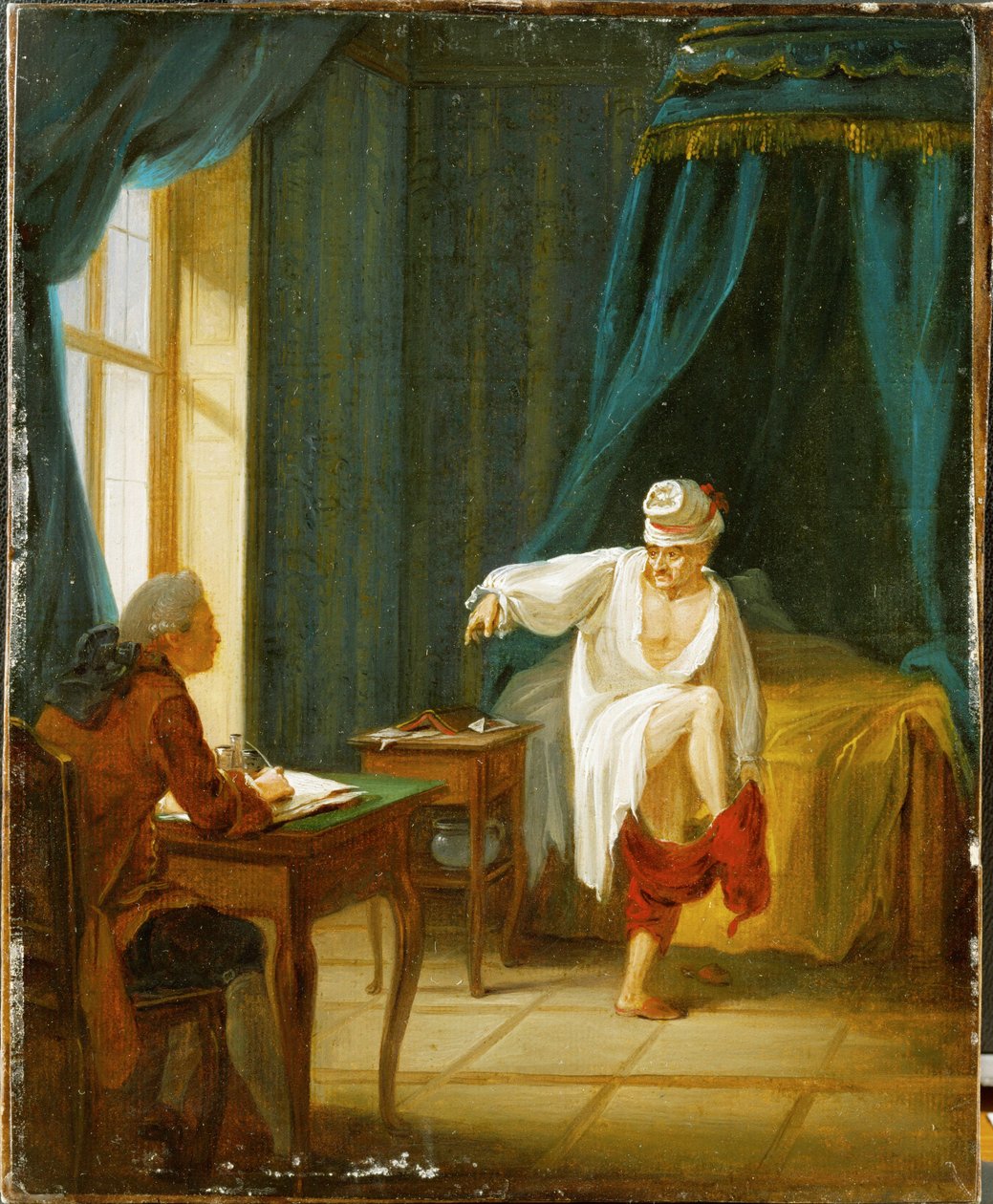 Voltaire yöpaita yllään, pukee housujaan ja sanelee samalla sihteerilleen kotonaan Fernet