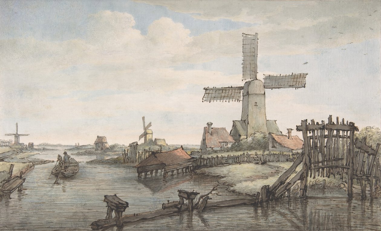 Näkymä kanavalle, jossa on kolme tuulimyllyä, 1700-luvun loppu - 1800-luvun alku. tekijältä Jan Hulswit