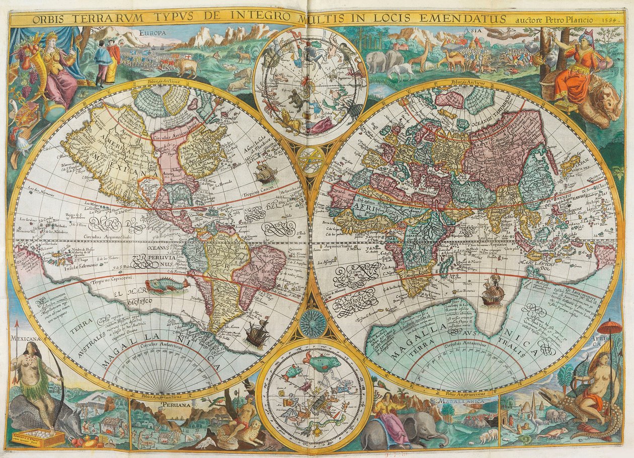 Matkasuunnitelma. Maailmankartta puvuilla, alkuperäisasukkailla, laivoilla, kasveilla ja eläimillä, 1644. tekijältä Jan Huygen van Linschoten