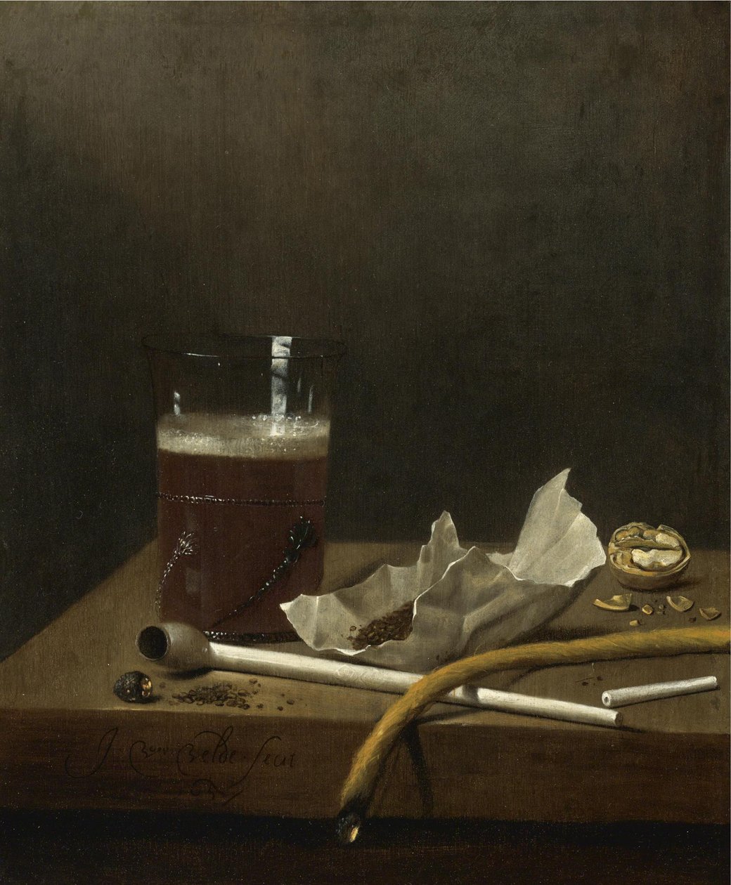 Asetelma olutlasillisen, piipun, tupakan ja muiden tupakointitarvikkeiden kanssa, 1658 tekijältä Jan III van de Velde