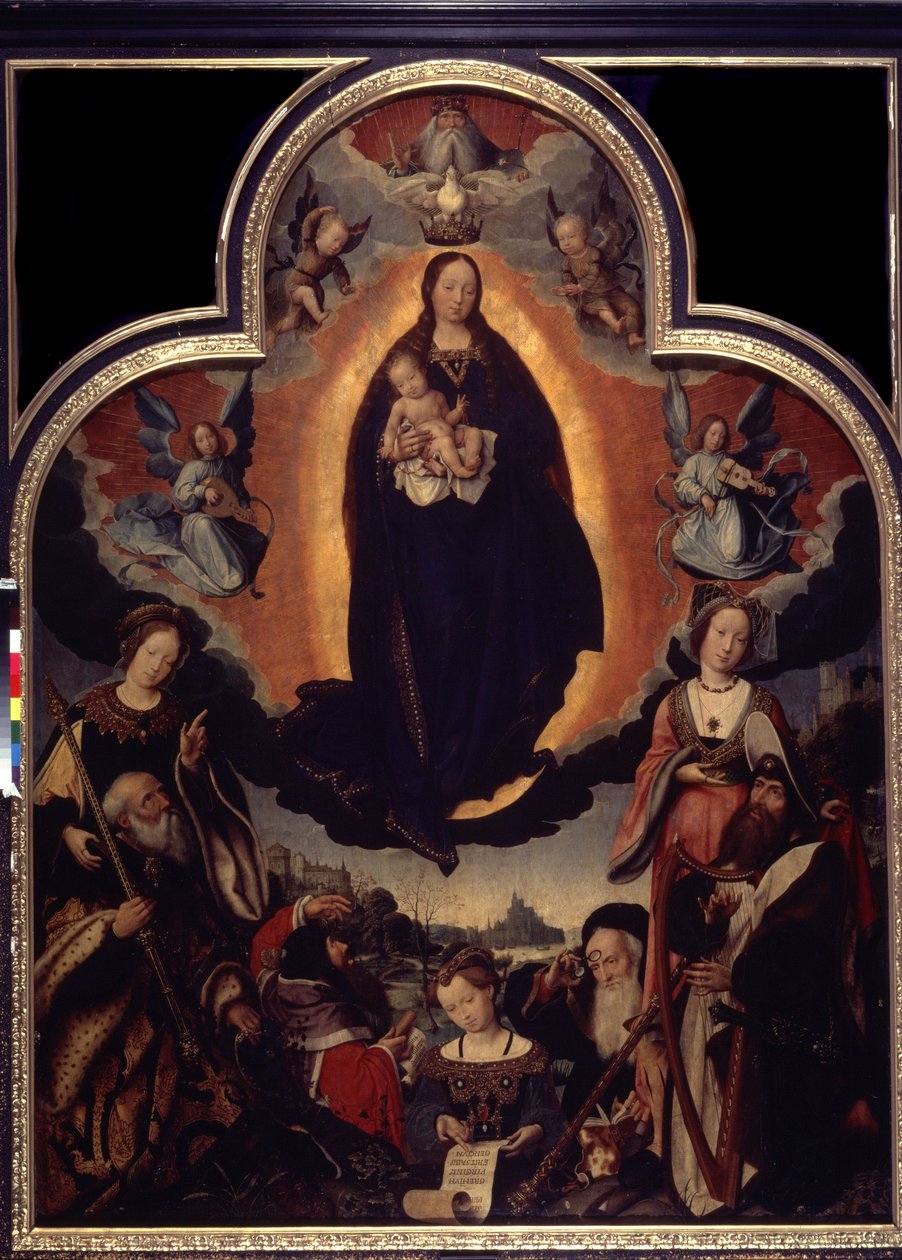 ""La Vierge en Gloire"" (Neitsyen kirkkaus) Neitsyttä ja Jeesusta Kristusta ympäröivien henkilöiden joukossa: kuningas Daavid soittamassa harppua, Rooman keisari Augustus (Caius Julius Caesar Octavianus Augustus) (63 eKr. - 14 jKr.), profeetat tekijältä Jan II Provost