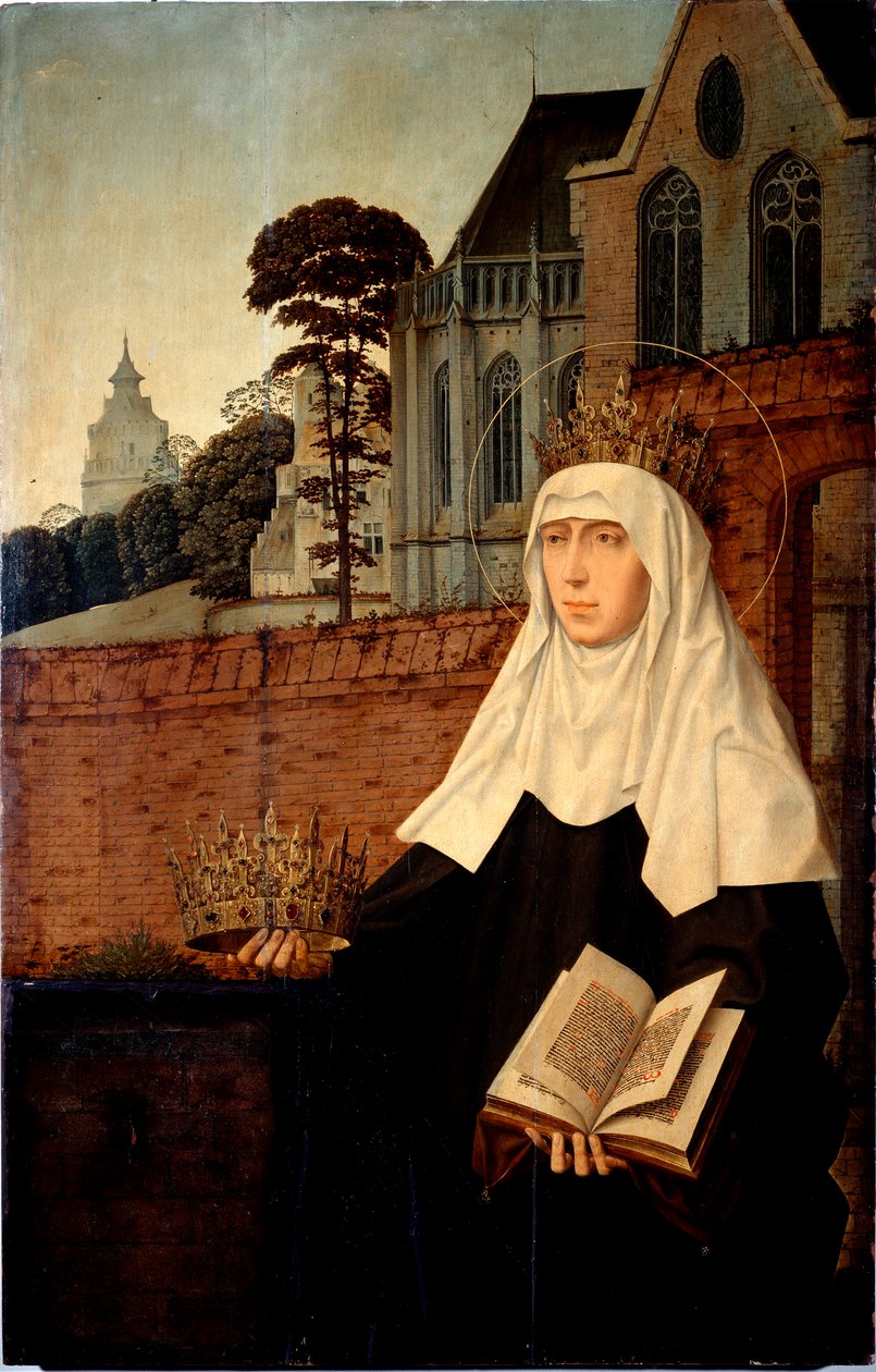 Pyhä Elizabeth Portugali tunnetaan nimellä Pyhä Isabella Aragonialainen (1271-1336) Yksityiskohta. Jan Provostin (n. 1465-1529) maalaus puulle Dim. 140x90 cm Genes, Galleria di Palazzo Bianco tekijältä Jan II Provost