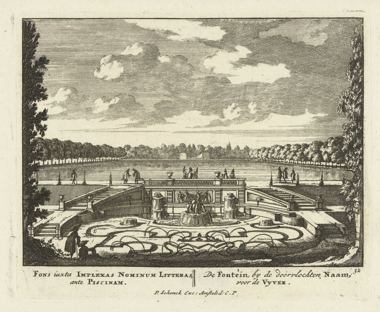Suihkulähde suuren lammen äärellä Paleis Het Loon puutarhassa, 1695-1705 tekijältä Jan I van Call
