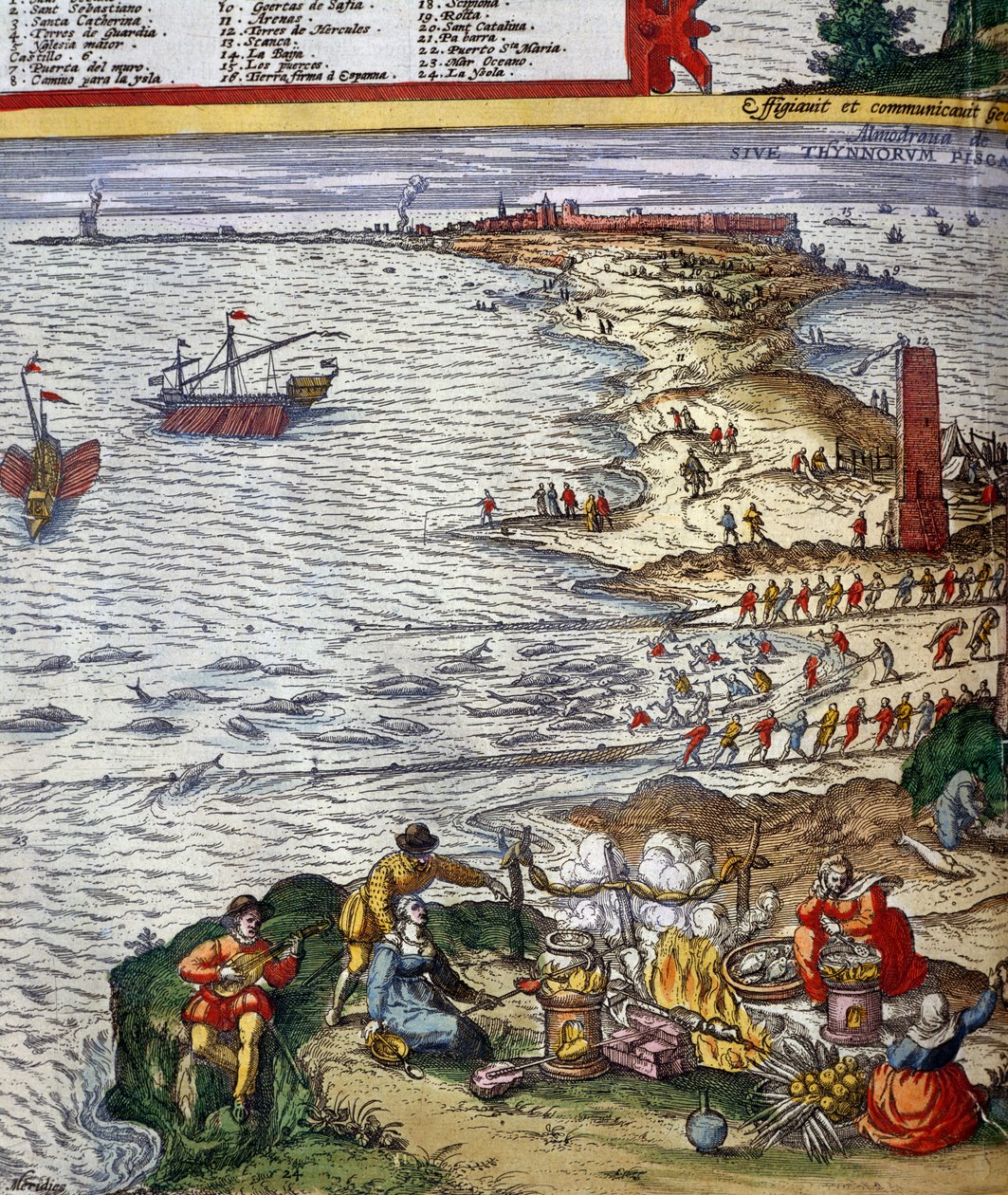 Kalastuskohtaus ja kalan valmistus Cadizin satamakaupungissa tekijältä Jan Janssonius