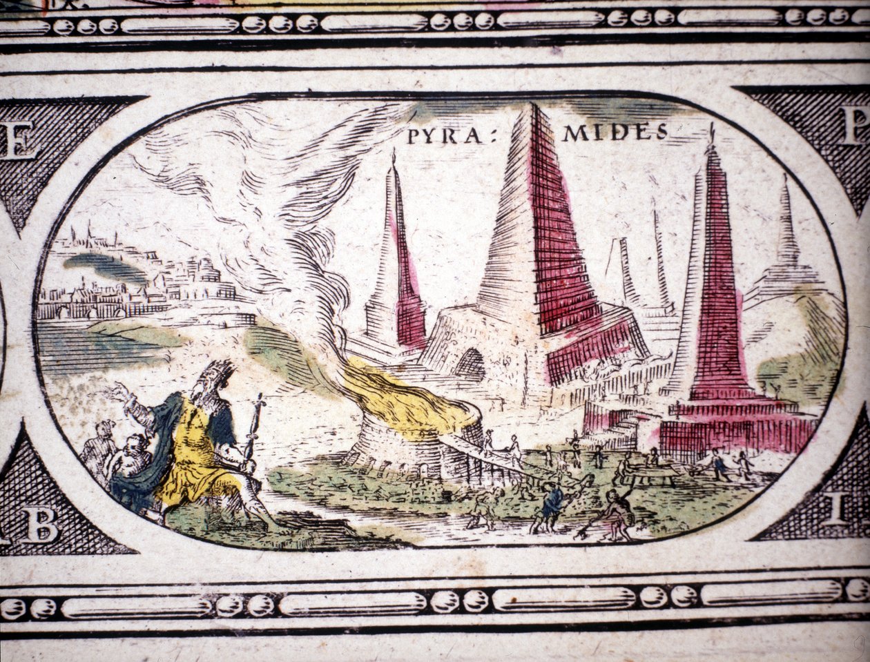 Esitys antiikin seitsemästä ihmeestä: Egyptin pyramidit. Amsterdamissa 1630 painettu Jansson Janssoniuksen atlas. Yksityiskokoelma. tekijältä Jan Janssonius