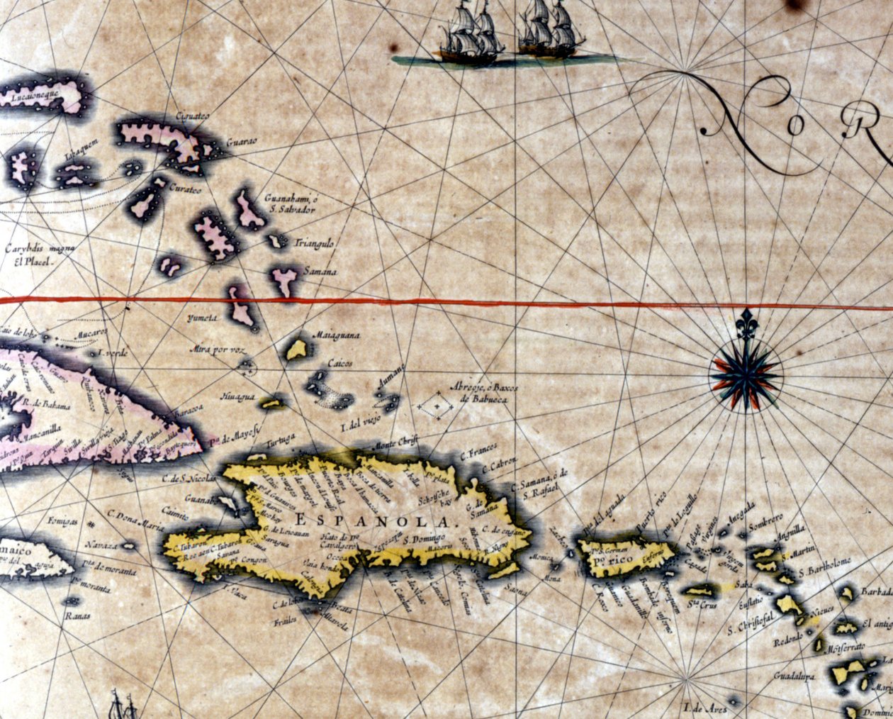 Karibia ja Turtle Island (Santo Domingon luoteeseen) hollantilaisen kartografin Jansson Janssoniuksen kartalla. 17. vuosisata tekijältä Jan Janssonius