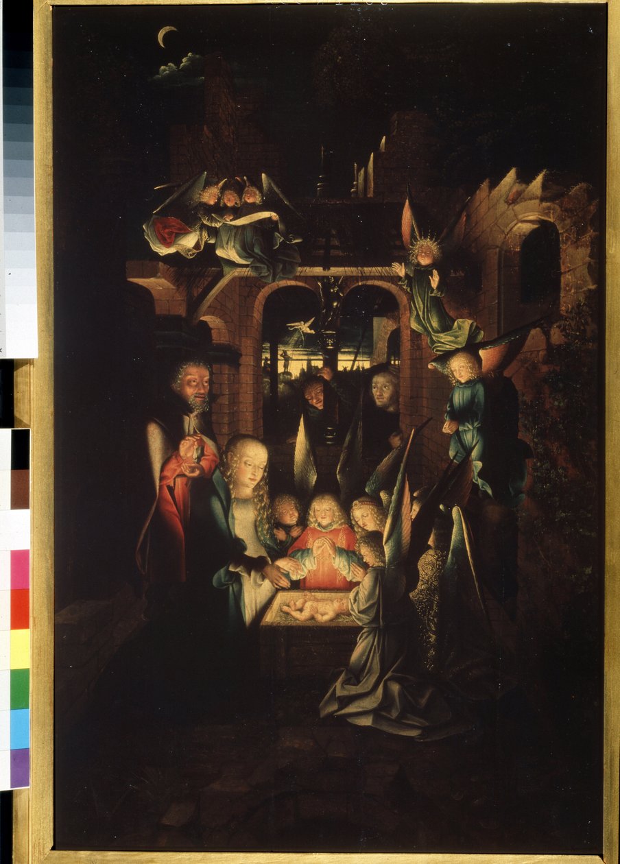 ""Syntymä"" (Kristuksen syntymä (Pyhä yö)) Jan Joestin maalaus (noin 1460-1519) 1500-luvun Pushkin-museo, Moskova tekijältä Jan Joest van Kalkar