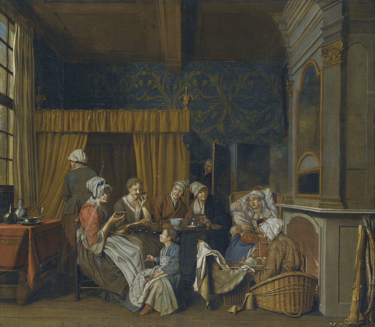 Perhe juo teetä ja juhlii kaksosten syntymää tekijältä Jan Josef Horemans the Younger