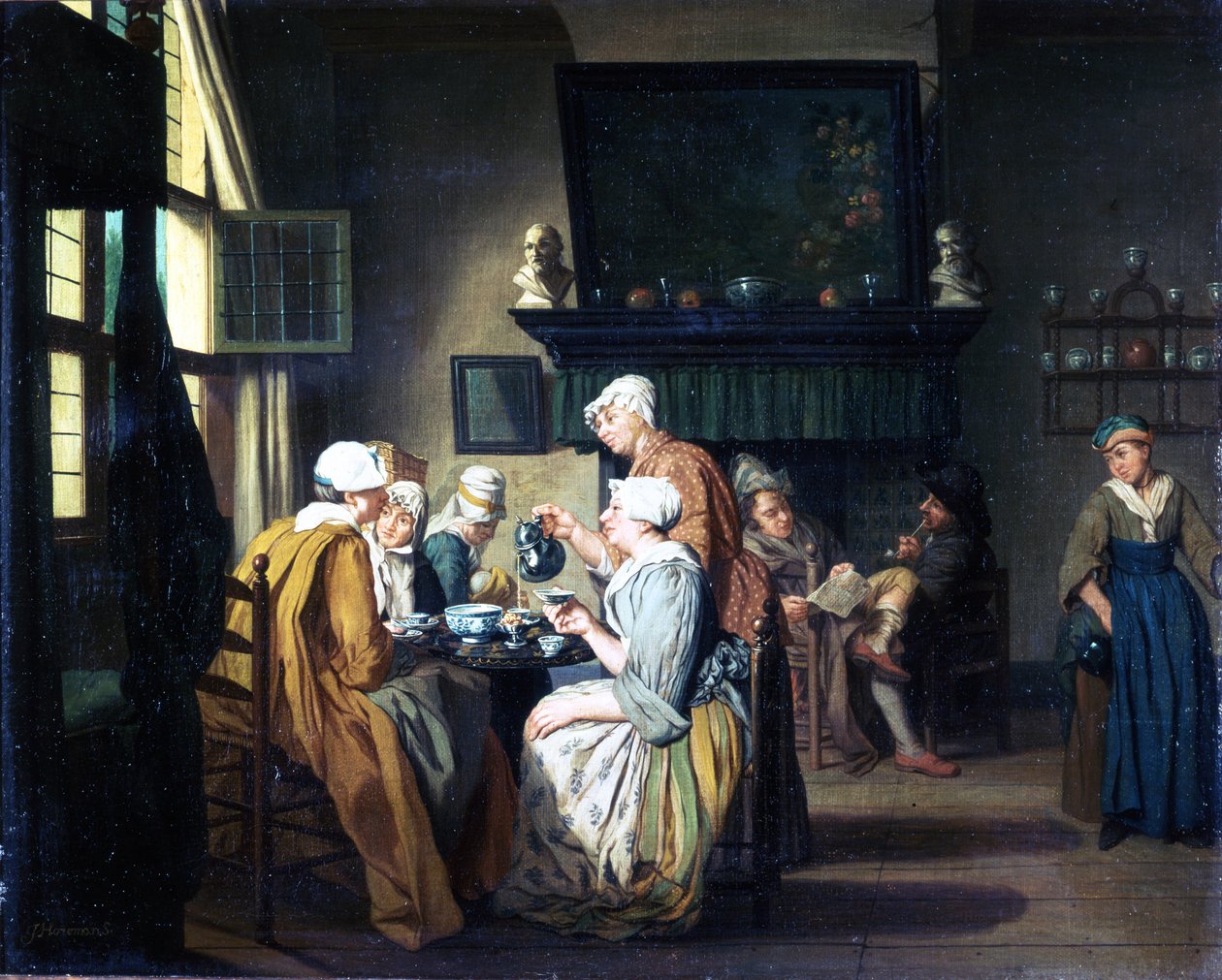 Porvarillinen sisustus, jossa naiset juovat teetä, mies lukee takan ääressä tekijältä Jan Josef the Elder Horemans