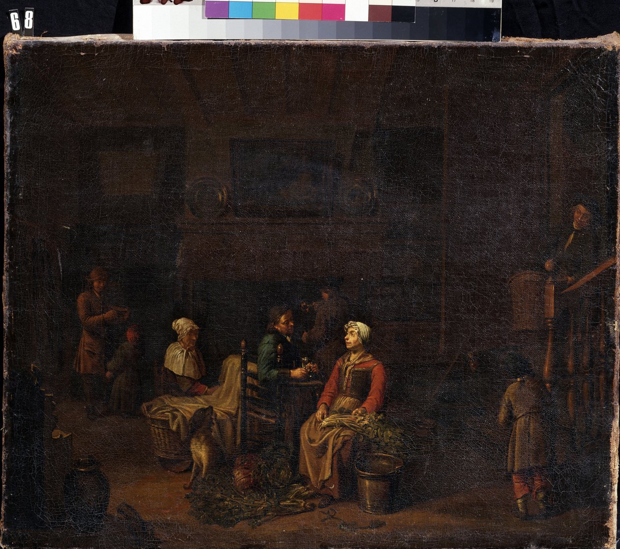 ""Keittiö"" (Keittiö) Palvelijat valmistamassa aterioita isäntilleen, nainen pilkkoo vihanneksia, toinen takana pesutuvan vieressä, kun mies keskustelee juoessaan. Jan Joseph Horemans vanhemman (1682-1759) maalaus 1700-luvun Mik tekijältä Jan Josef the Elder Horemans