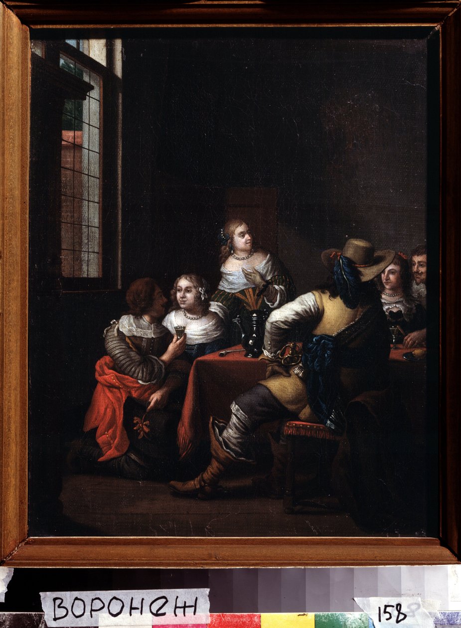 ""Les festivites"" (Iloinen tapaaminen) ratsastajien ja naisten ryhmä kokoontui iloisesti pöydän ympärille. Jan Joseph Horemans vanhemman (1682-1759) maalaus 1700-luvun Ivan Kramskoy (tai Kramskoi) taidemuseo Voronezhissa (Voronezh), Venäjä. tekijältä Jan Josef the Elder Horemans