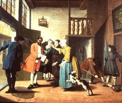 Lääkärin vierailut – Hollantilainen sananlasku: Tohtori kuvataan paholaisena, kun hän palaa taloon esittämään laskunsa (yksi neljästä joukosta) tekijältä Jan Josef the Elder Horemans