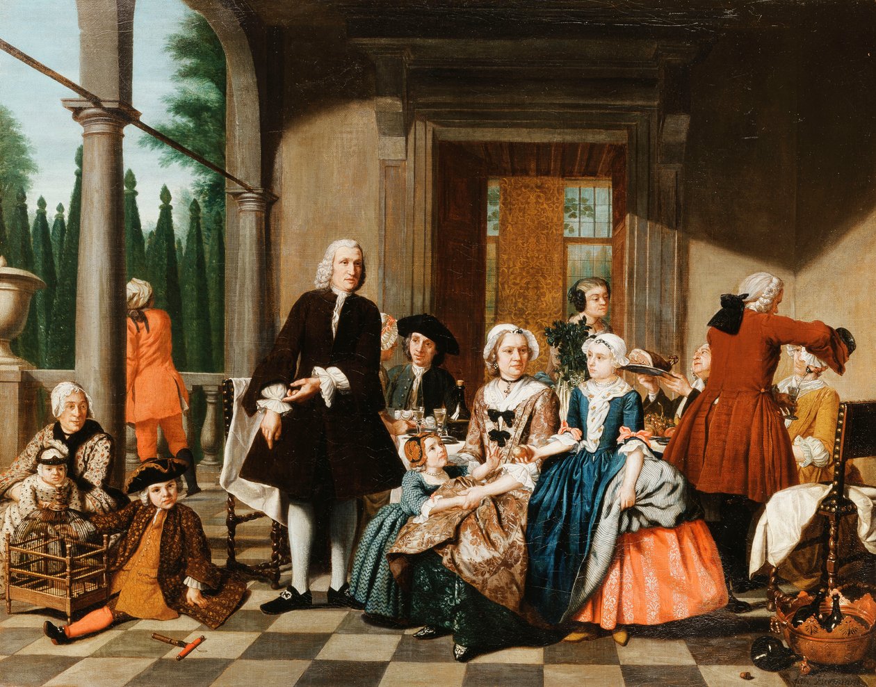 Muotokuva perheestä, joka ruokailee Porticossa, muodollisessa puutarhassa, 1747 tekijältä Jan Josef the Younger Horemans