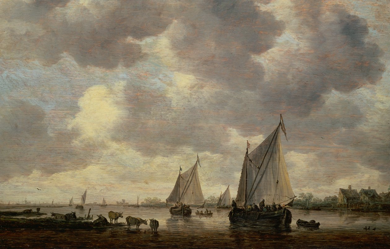 Kanava Hollannissa tai kaksi suurta purjelaivaa ja karjaa lähellä jokea tekijältä Jan Josephsz van Goyen