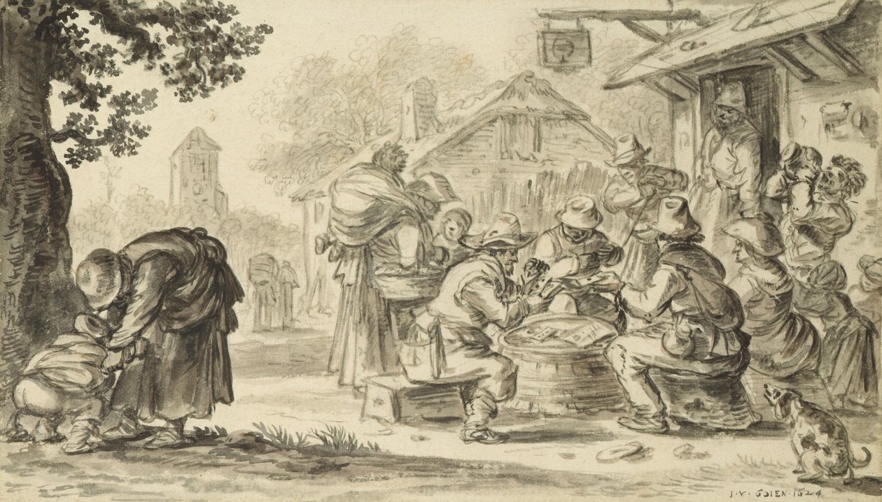 Farmers Card Game Inn edessä, 1624 (lyijykynä, kynä ja muste ja sivellin paperille) tekijältä Jan Josephsz van Goyen